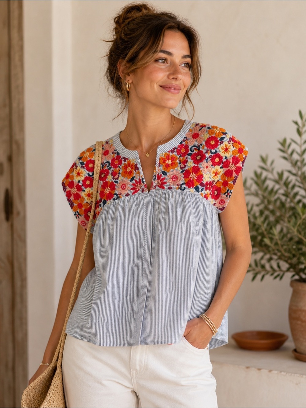 Savanna Jane Striped Babydoll Embroidered Floral Womens Top Size Small Oversized